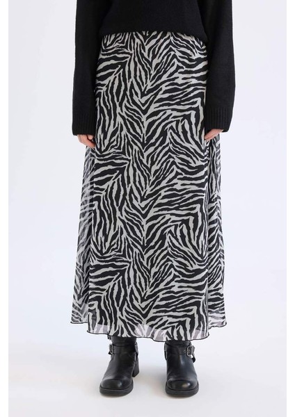 Yeni Sezon Flare Fit Zebra Desenli Yüksek Bel Tül Maxi Etek