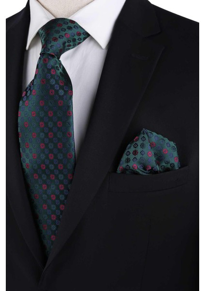 Yeşil Motif Desen Mendilli Klasik Kravat KK13186