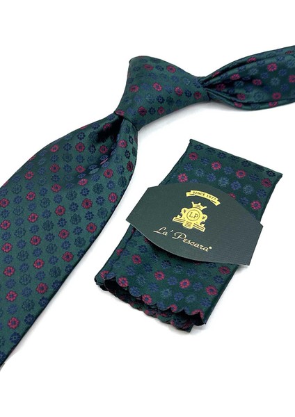 Yeşil Motif Desen Mendilli Klasik Kravat KK13186