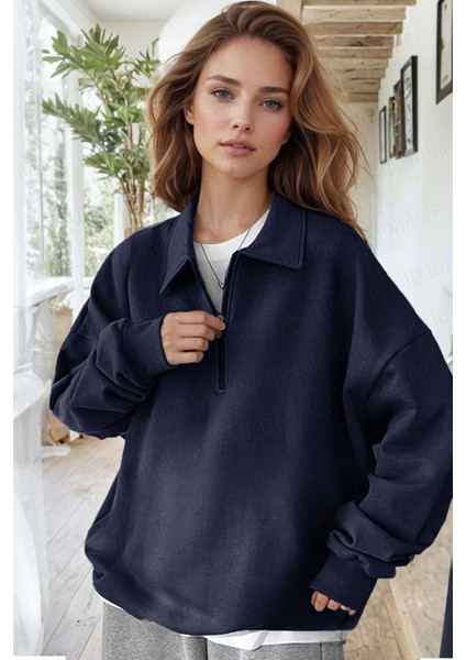 Kadın Lacivert Yarım Fermuar Polo Yaka 3 Iplik Içi Polarlı Şardonlu Oversize Sweatshirt modelleri