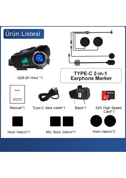 Q28 – 2x Bluetooth Kameralı Motosiklet Kask Intercom | 1080P Hd Kamera, IP66 Su Geçirmez, 32GB Hafıza Kartı Hediye