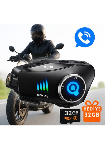 Q28 – 2x Bluetooth Kameralı Motosiklet Kask Intercom | 1080P Hd Kamera, IP66 Su Geçirmez, 32GB Hafıza Kartı Hediye