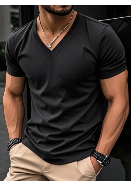 Beyaz Renk Erkek V Yaka T-Shirt Pamuklu Günlük Tişört