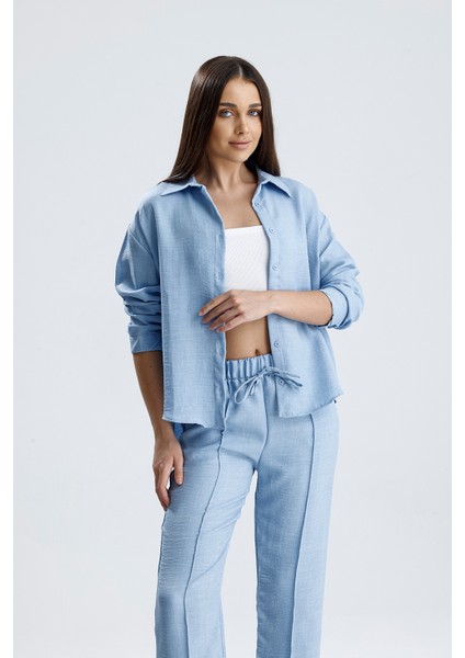 Kadın Oversize Alt Üst Takım – Gömlek ve Lastikli Pantolon Ikili Set