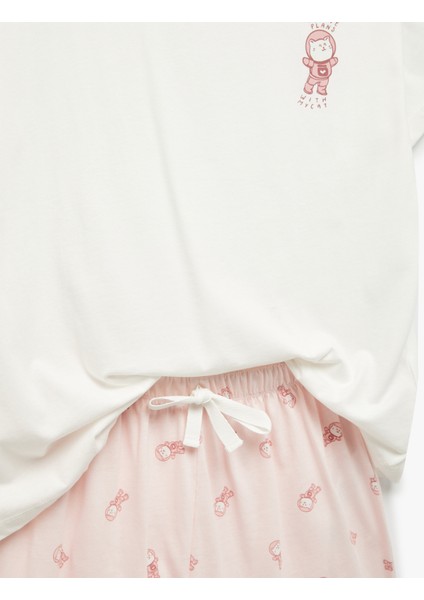 Yeni Sezon Pamuklu Kısa Kollu Bisiklet Yaka Kedi Grafik Baskılı Şortlu Pijama Takımı