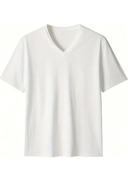 Beyaz Renk Erkek V Yaka T-Shirt Pamuklu Günlük Tişört fiyatları