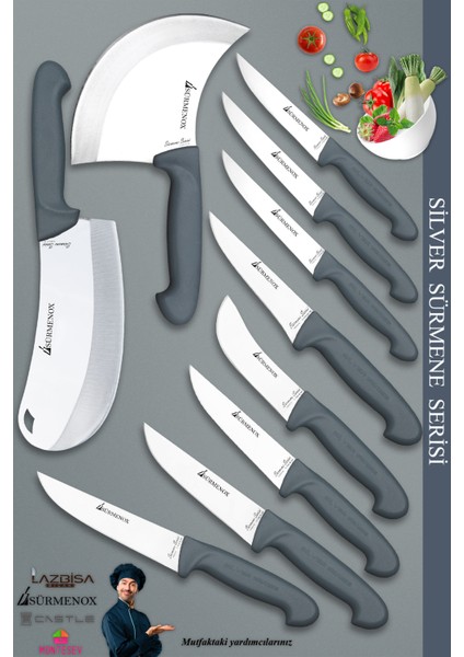 Sürmene Silver Serisi Gri Sap Mutfak Bıçak Seti Et Ekmek Sebze Meyve Bıçağı 10 Lu Set ( Srm-01)