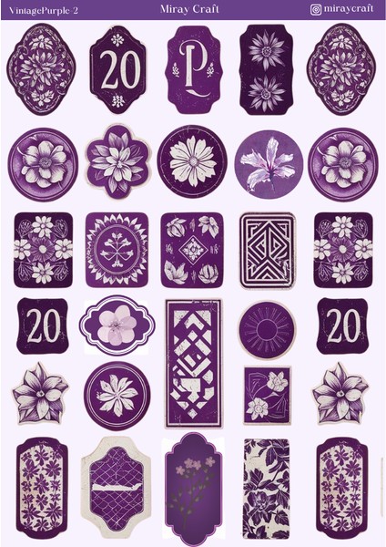 1 Adet Mor Vintage Temalı Sticker (12X17 Cm) Bullet Journal,scrapbook, Ajanda ve Planlayıcı Için