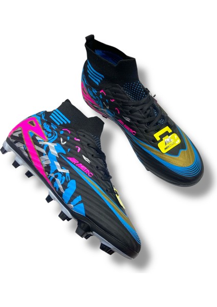 Çoraplı Unisex Krampon Halısaha & Çimsaha Ayakkabı Siyah Fuşya Desenli