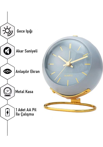 Akar Saniyeli Işıklı Metal Gold Dijital Masa Saati Alarmlı Mavi