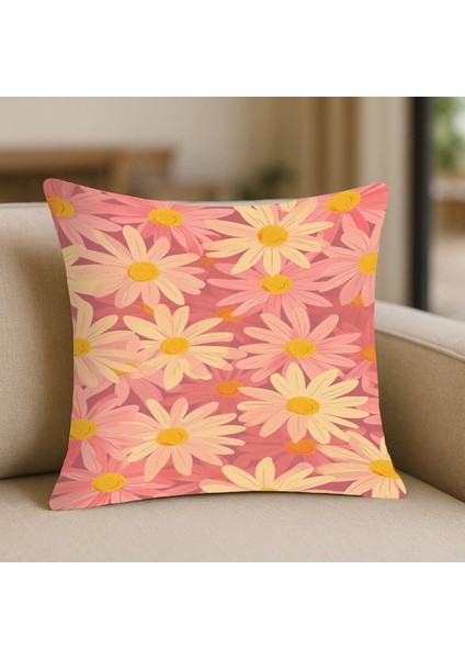 Modern Tarz Bej Pembe Çiçek Desenli Kırlent Kılıfı – 43X43 Cm, Çift Taraflı, Fermuarlı, Yıkanabilir