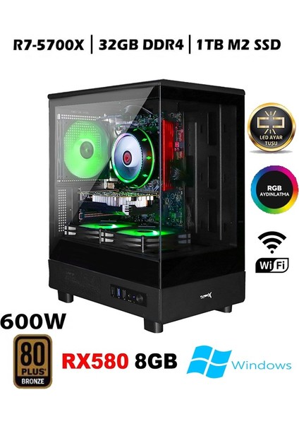 TC87 Ryzen 7 5700X 32GB Ram 1tb M.2 Nvme SSD RX580 8gb 256 Bit Masaüstü Oyuncu Bilgisayarı