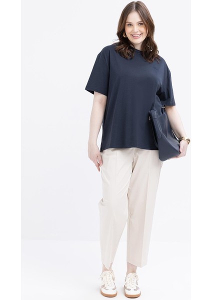 Indigo-Kısa Kollu Nakış Detaylı T-Shirt