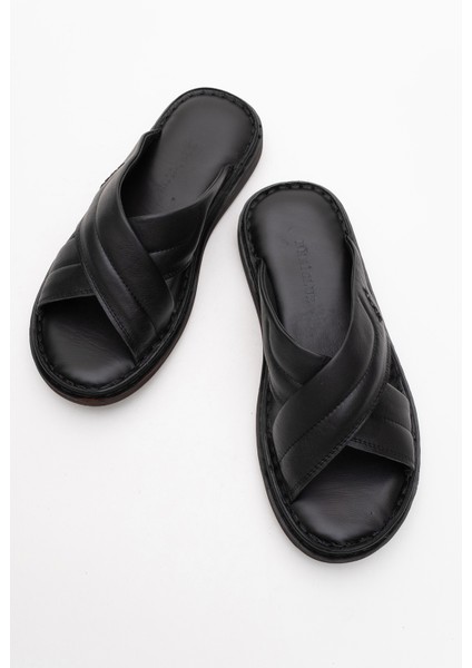 Erkek Çapraz Bantlı Terlik Gerçek Deri Dc 1170 Siyah indirimleri