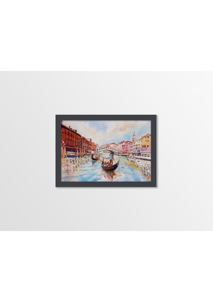 Ahşap Kendinden Çerçeveli Tablo - Venedik Kanalı Turist Gezi Tablosu, Standart - 20X28CM