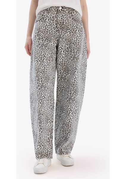 Yeni Sezon Baggy Fit Gabardin Pantolon Yüksek Bel Leopar Desenli Standart Boy