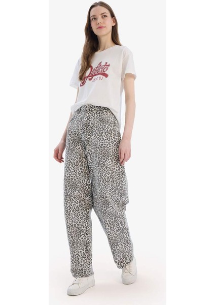 Yeni Sezon Baggy Fit Gabardin Pantolon Yüksek Bel Leopar Desenli Standart Boy modelleri