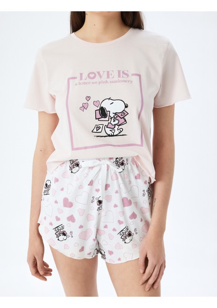 Yeni Sezon Pamuklu Lisanslı Snoopy Baskılı Kısa Kollu Şortlu Pijama Takımı
