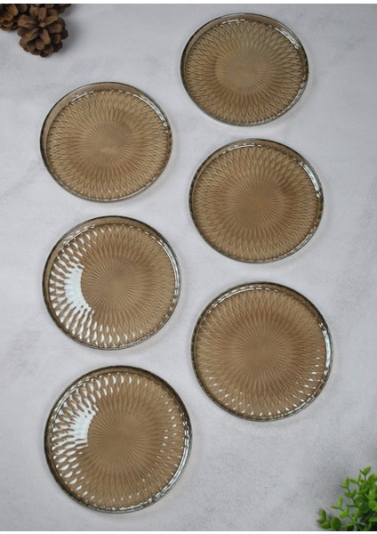 6'lı Füme Cam Desenli 16 cm Tatlı Tabağı Pasta Ikram Tabak
