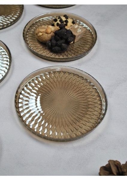 6'lı Füme Cam Desenli 16 cm Tatlı Tabağı Pasta Ikram Tabak