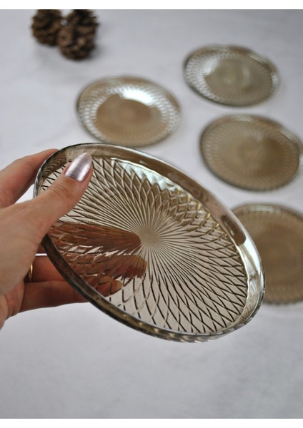 6'lı Füme Cam Desenli 16 cm Tatlı Tabağı Pasta Ikram Tabak