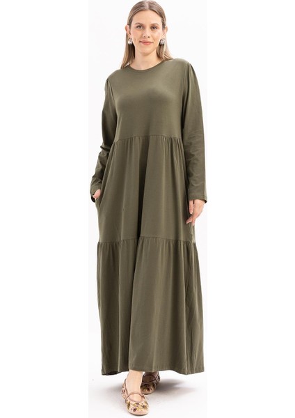 Haki-Pamuklu Fırfırlı Cepli Likralı Penye Elbise