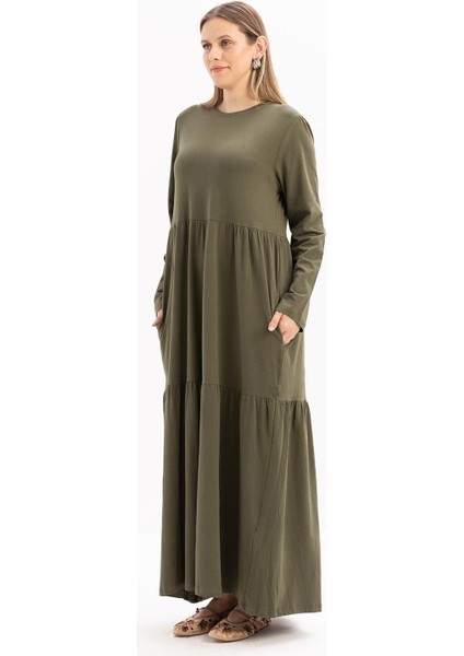 Haki-Pamuklu Fırfırlı Cepli Likralı Penye Elbise fiyatları