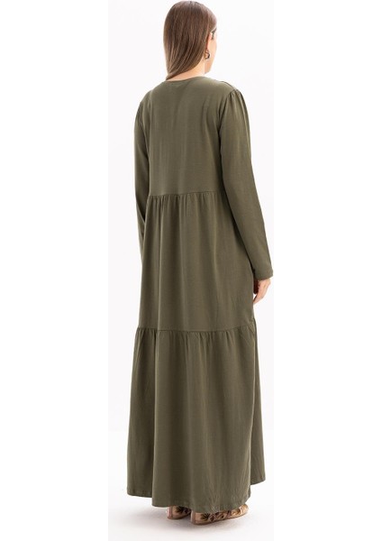 Haki-Pamuklu Fırfırlı Cepli Likralı Penye Elbise modelleri