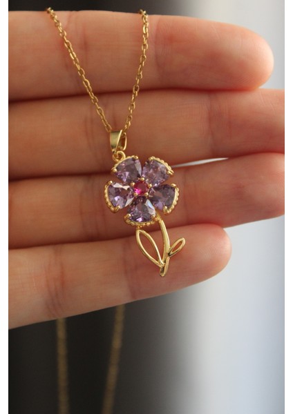 Flos Purpura Mor Menekşe Zirkon Kolye (çelik kolye)