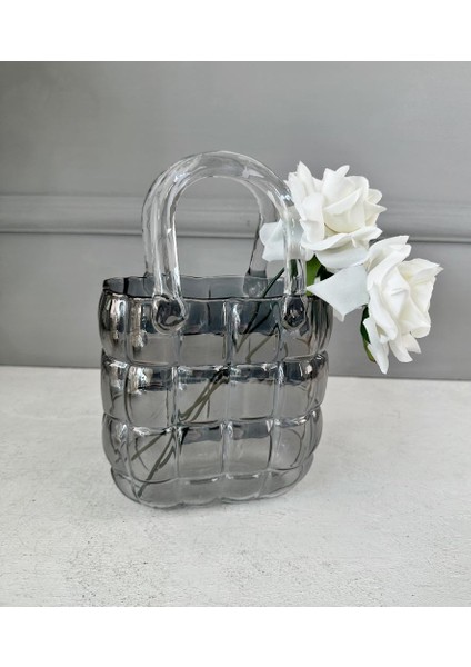 Lüks Çanta Model Vazo Dekor Füme 22 cm (2 Adet Yapay Gül Hediyeli)