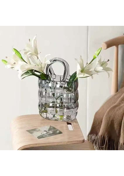 Lüks Çanta Model Vazo Dekor Füme 22 cm (2 Adet Yapay Gül Hediyeli) modelleri