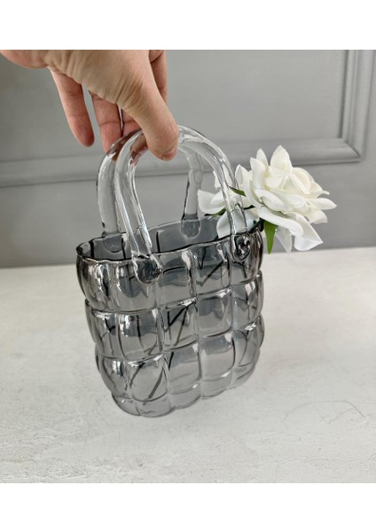 Lüks Çanta Model Vazo Dekor Füme 22 cm (2 Adet Yapay Gül Hediyeli) fırsatları