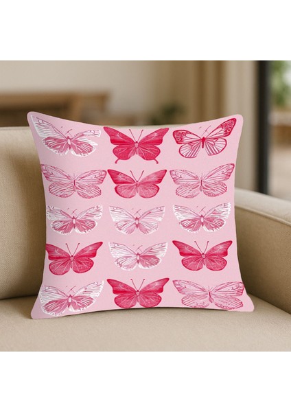 Kelebek Desenli Pembe Kırlent Kılıfı – 43X43 Cm, Çift Taraflı, Fermuarlı, Yıkanabilir