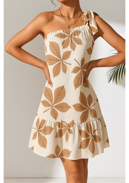 Kadın Camel-Beyaz Çiçek Desenli Tek Omuz Bağlamalı Fırfırlı Krinkıl Elbise