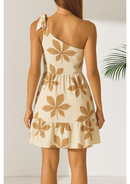 Kadın Camel-Beyaz Çiçek Desenli Tek Omuz Bağlamalı Fırfırlı Krinkıl Elbise fiyatları