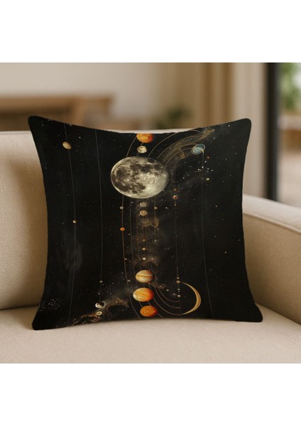 Uzay ve Gezegenler Desenli Kırlent Kılıfı – 43X43 Cm, Çift Taraflı, Fermuarlı, Yıkanabilir