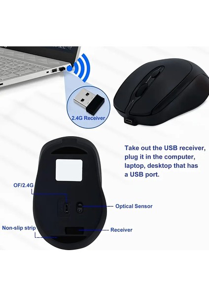 🖱️ 1200 Dpı Şarjlı Bluetooth + 2.4ghz Kablosuz Mouse | Type-C Girişli, Sessiz, Siyah Wireless