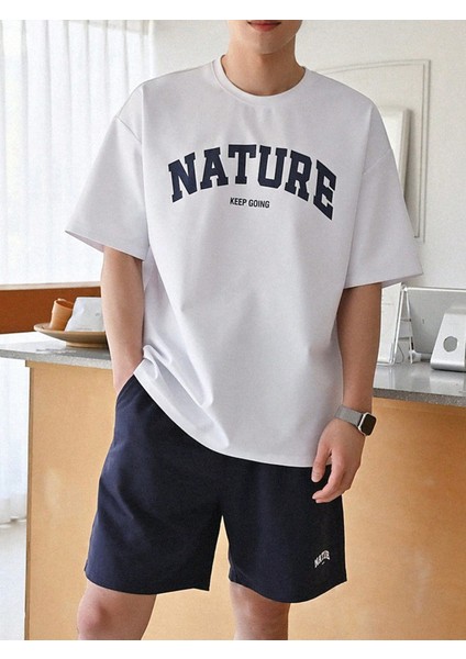 Erkek Tişört Baskılı Oversize T-Shirt Pamuklu Tişört Nature-Oversize