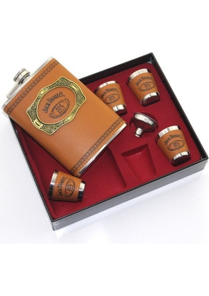 Paslanmaz Çelik 4 Shot Bardaklı Derili Matara Seti Model 3