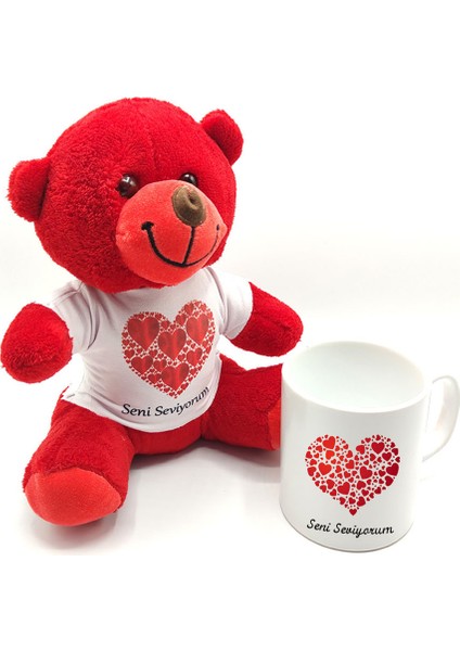 Seni Seviyorum Baskılı Kırmızı Ayıcık ve Kupa Bardak Seti
