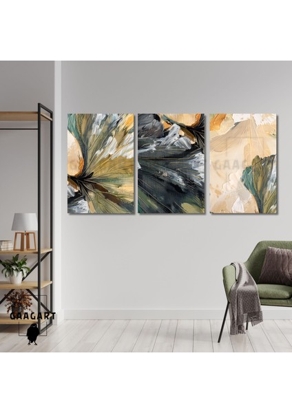 3'lü Kanvas Salon Tablosu Seti Bohem Soyut Yeşil Yapraklar