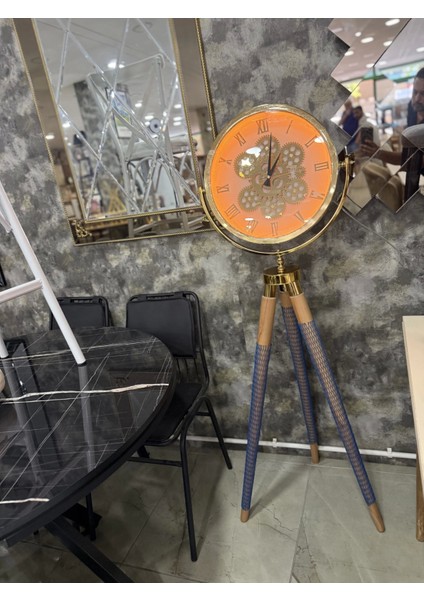 Ledli Tripod Ahşap Ayaklı Dekoratif Saat Döner Çarklı Gold-Meşe modelleri
