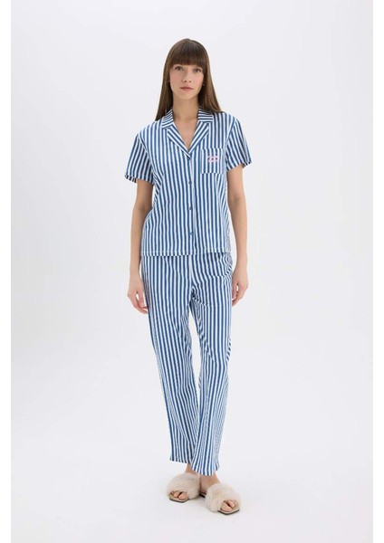 Yeni Sezon Pijama Takımı Çizgili Kısa Kollu Üst Esnek Belli Uzun Altı-Fall In Love