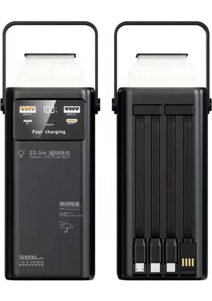 50.000 Mah 22.5W 2xusb 2xtype-C Çıkış Hızlı Şarj Çoklu Kablolu Powerbank Kamp Işık Fener Güç Bankası