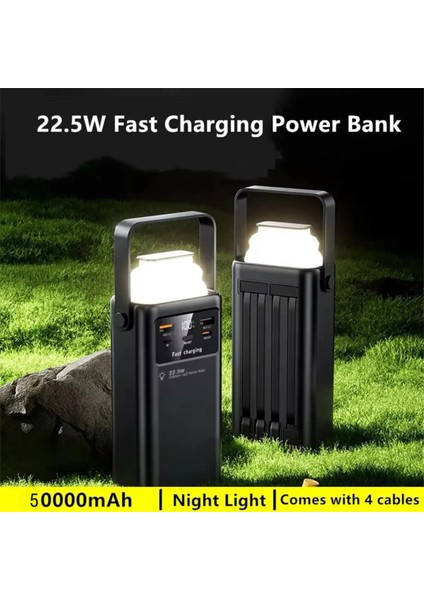 50.000 Mah 22.5W 2xusb 2xtype-C Çıkış Hızlı Şarj Çoklu Kablolu Powerbank Kamp Işık Fener Güç Bankası