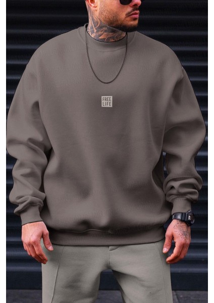 Erkek Açık Kahve Free Life Baskılı Kalın Soft 3 Iplik Içi Şardonlu 0 Sıfır Yaka Oversize Salaş Sweatshirt