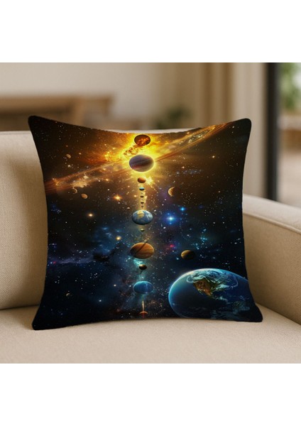 Güneş Sistemi Desenli Kırlent Kılıfı – 43X43 Cm, Çift Taraflı, Fermuarlı, Yıkanabilir