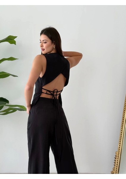 Bağcıklı Sırtı Açık Keten Yelek Pantolon Takım-Siyah