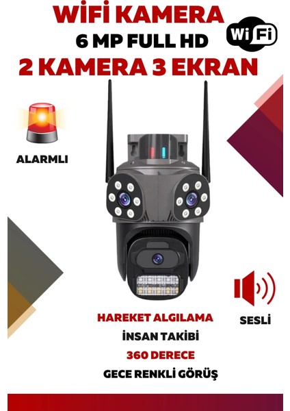 2 Kameralı 3 Ekranlı 6 Mp Wifi Hareket Algılamalı Alarmlı Wifi Kamera Yapay Zeka Tak Çalıştır O96M2VQVRS