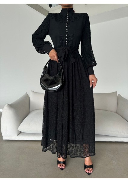 Ithal Tül Kumaş Dantel Detaylı Astarlı Elbise(Kuşak Dahildir) fiyatları